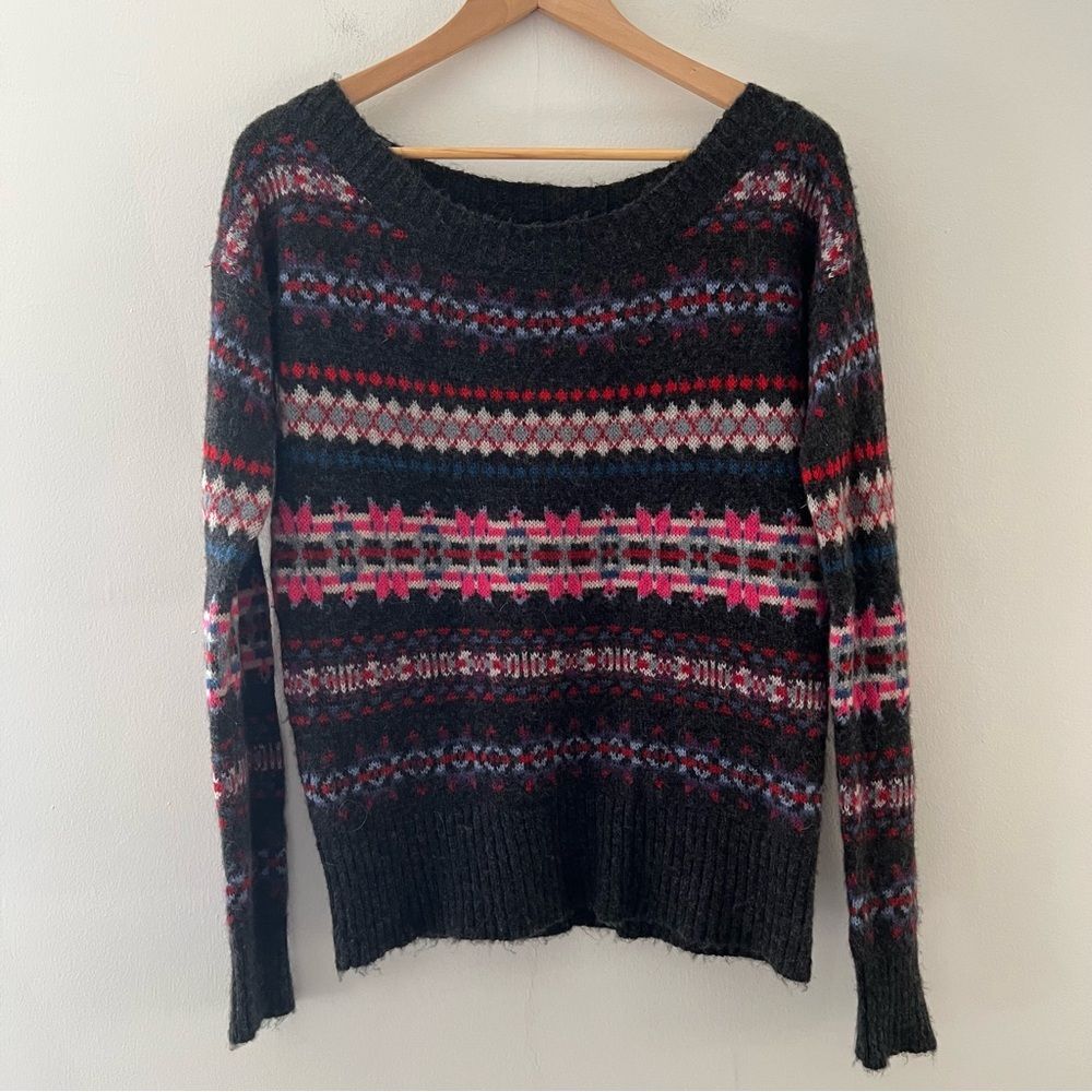 American Eagle Fair Isle Nordic Sweater Wool Mohair Charcoal Size Medium